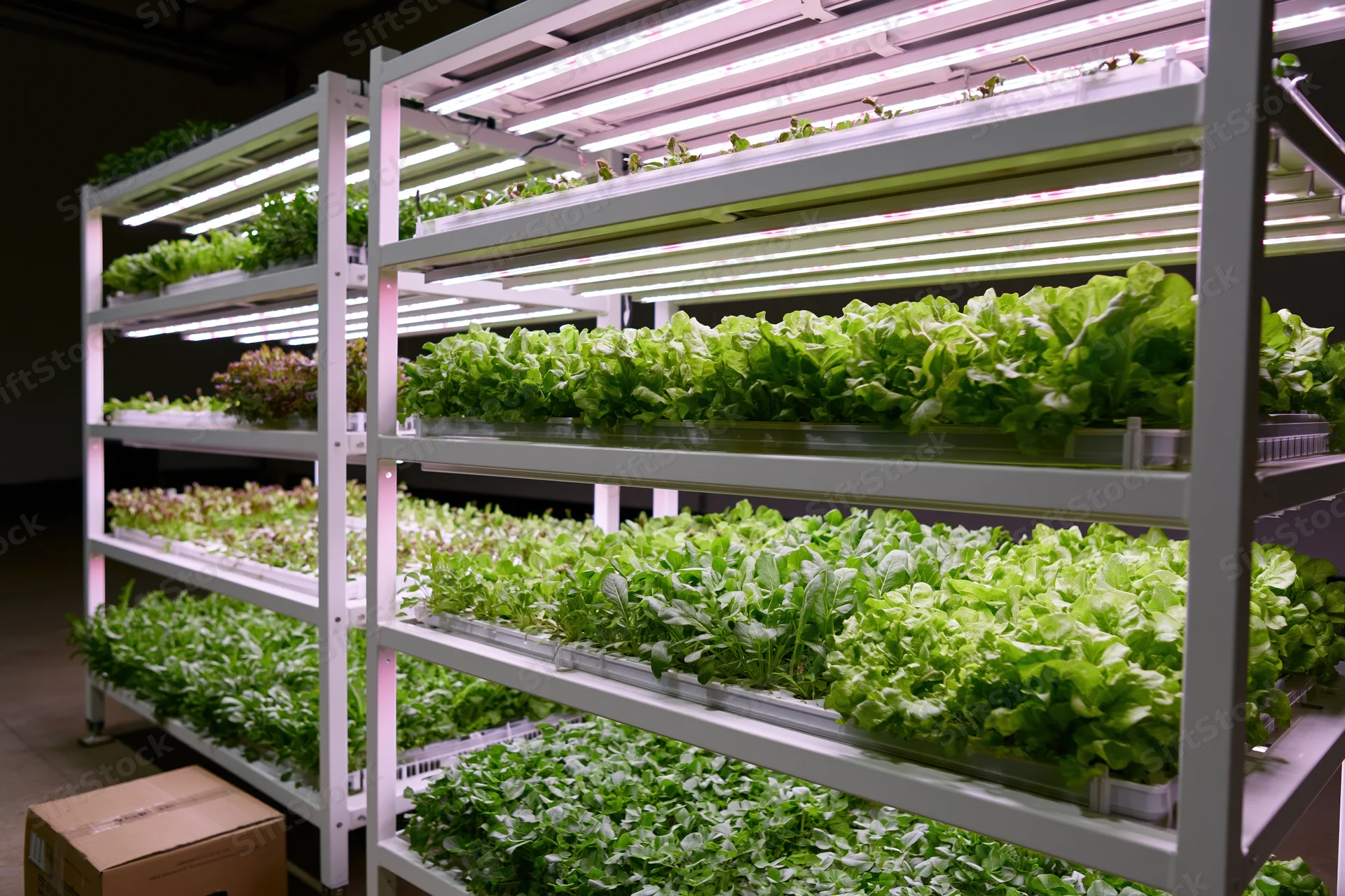 Vertical farm with leafy greens growing on white metal shelves under led grow lights