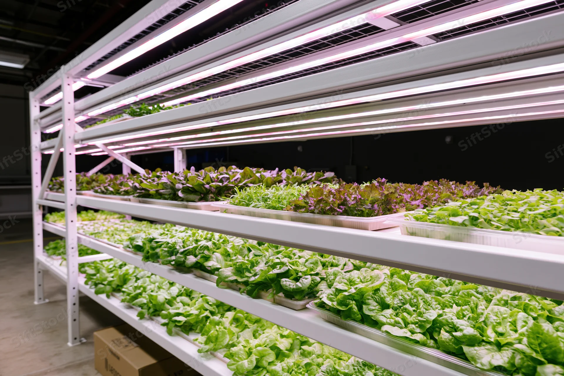 Vertical farm with multiple white metal shelves holding rows of leafy greens under led grow lights