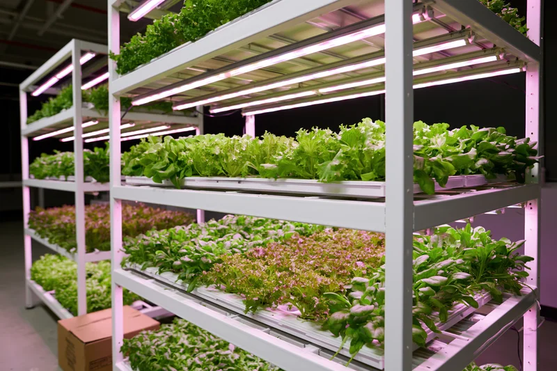 Vertical farm with leafy greens growing on white metal shelves under led grow lights indoors