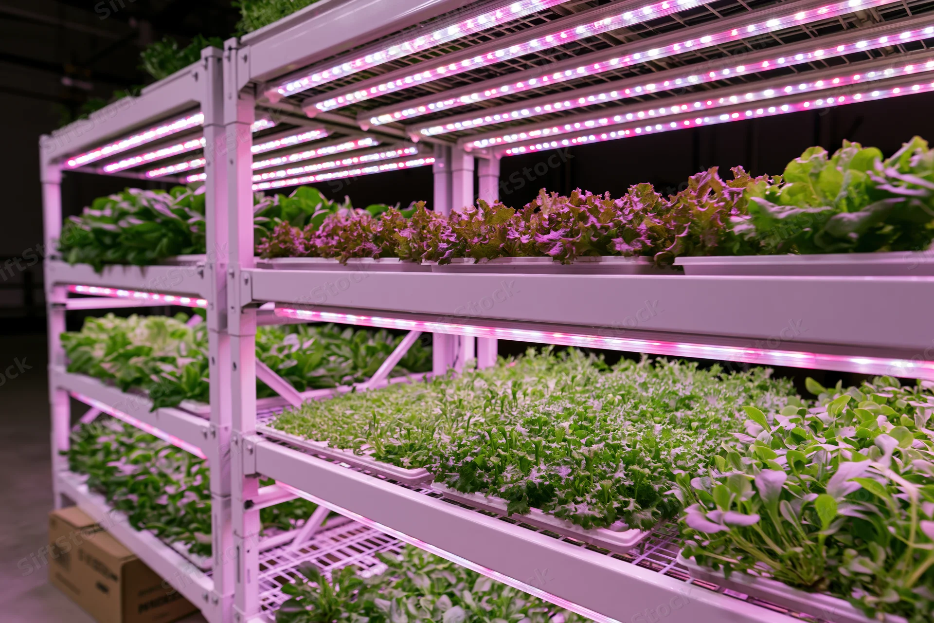 Vertical farm with stacked white metal shelves growing leafy greens under pink LED grow lights