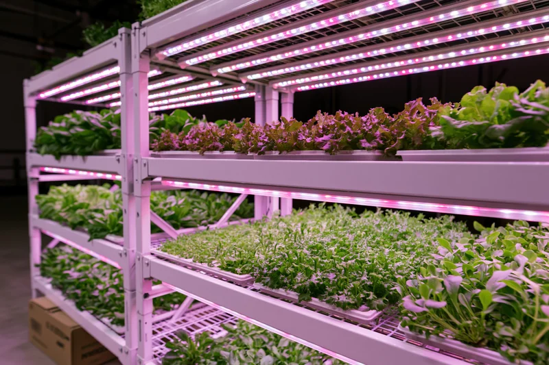 Vertical farm with stacked white metal shelves growing leafy greens under pink LED grow lights