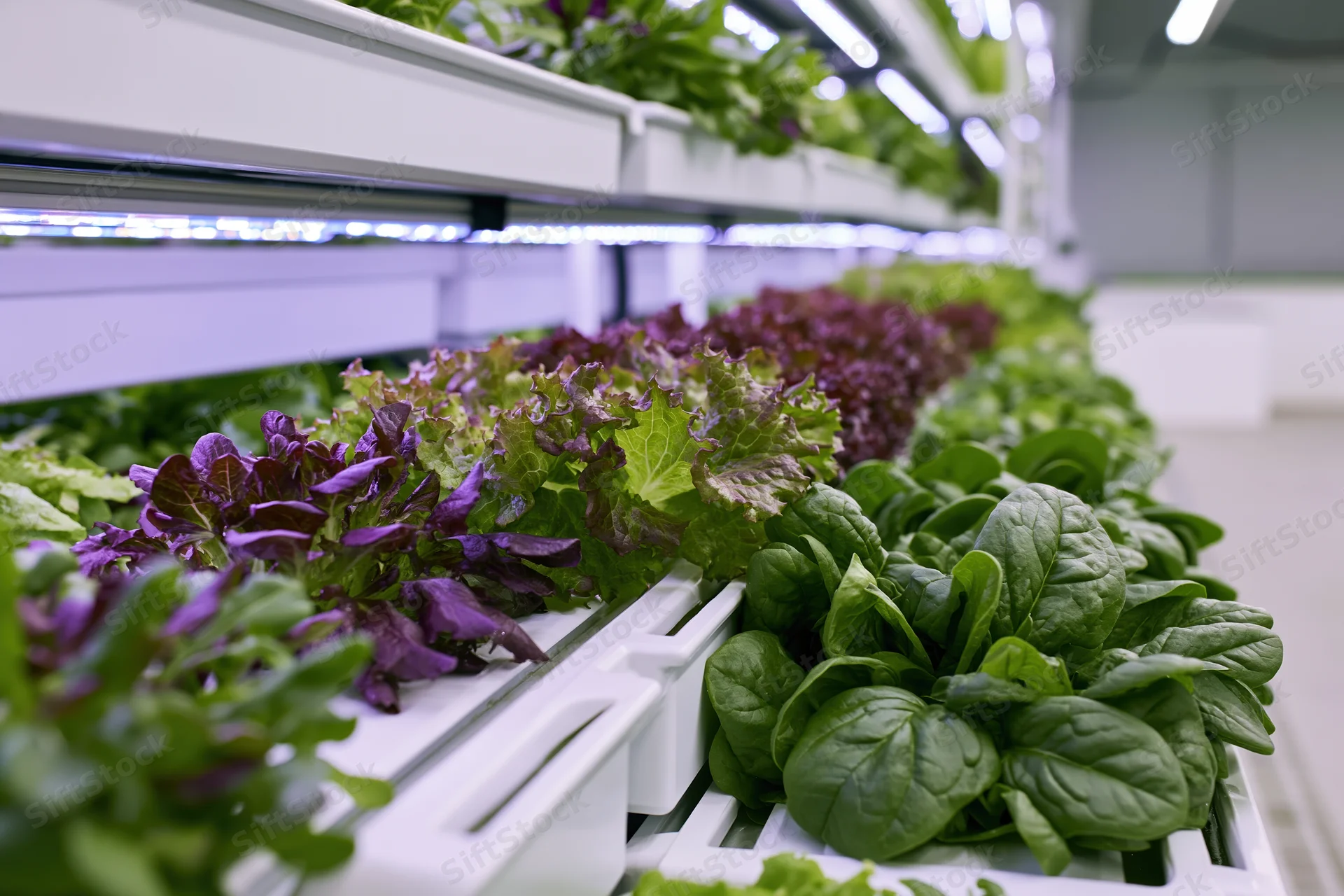 Rows of leafy greens growing in vertical hydroponic trays under led lights indoors
