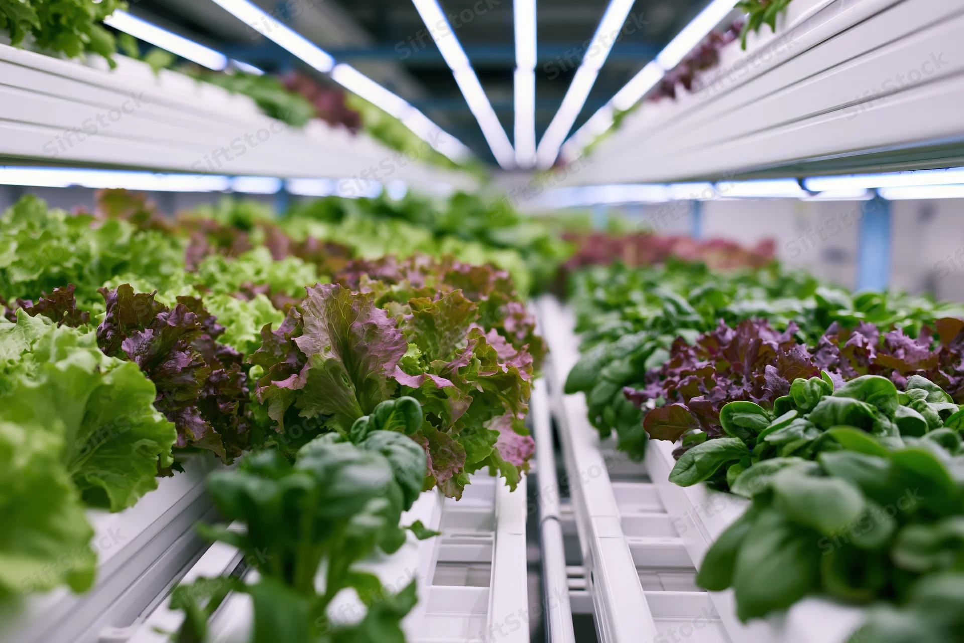 Rows of leafy greens growing in vertical hydroponic system under led lights indoors