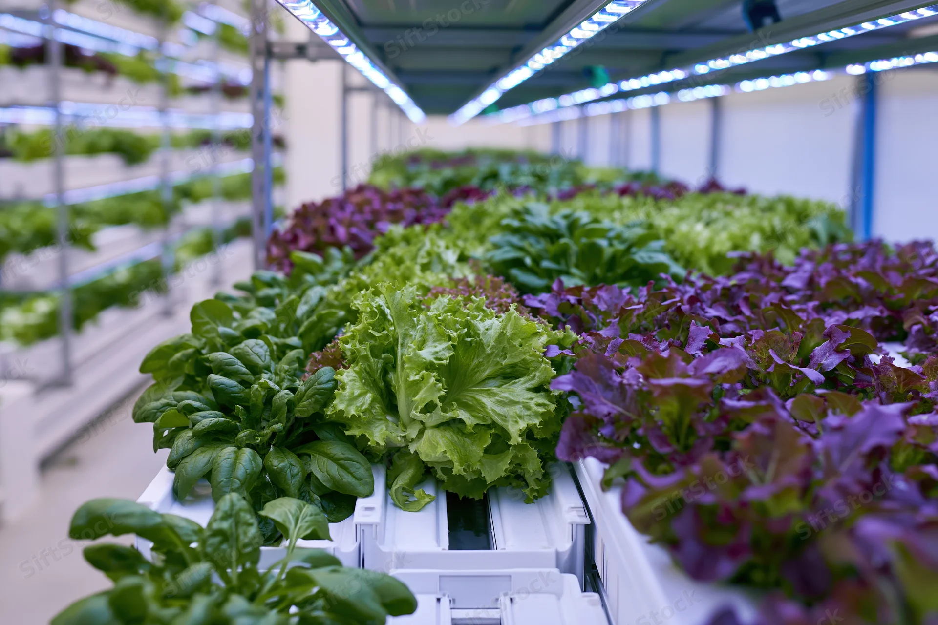 Rows of leafy greens growing in vertical hydroponic trays under led lights indoors