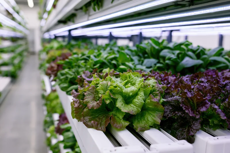 Rows of leafy greens growing in vertical hydroponic system under led lights indoors