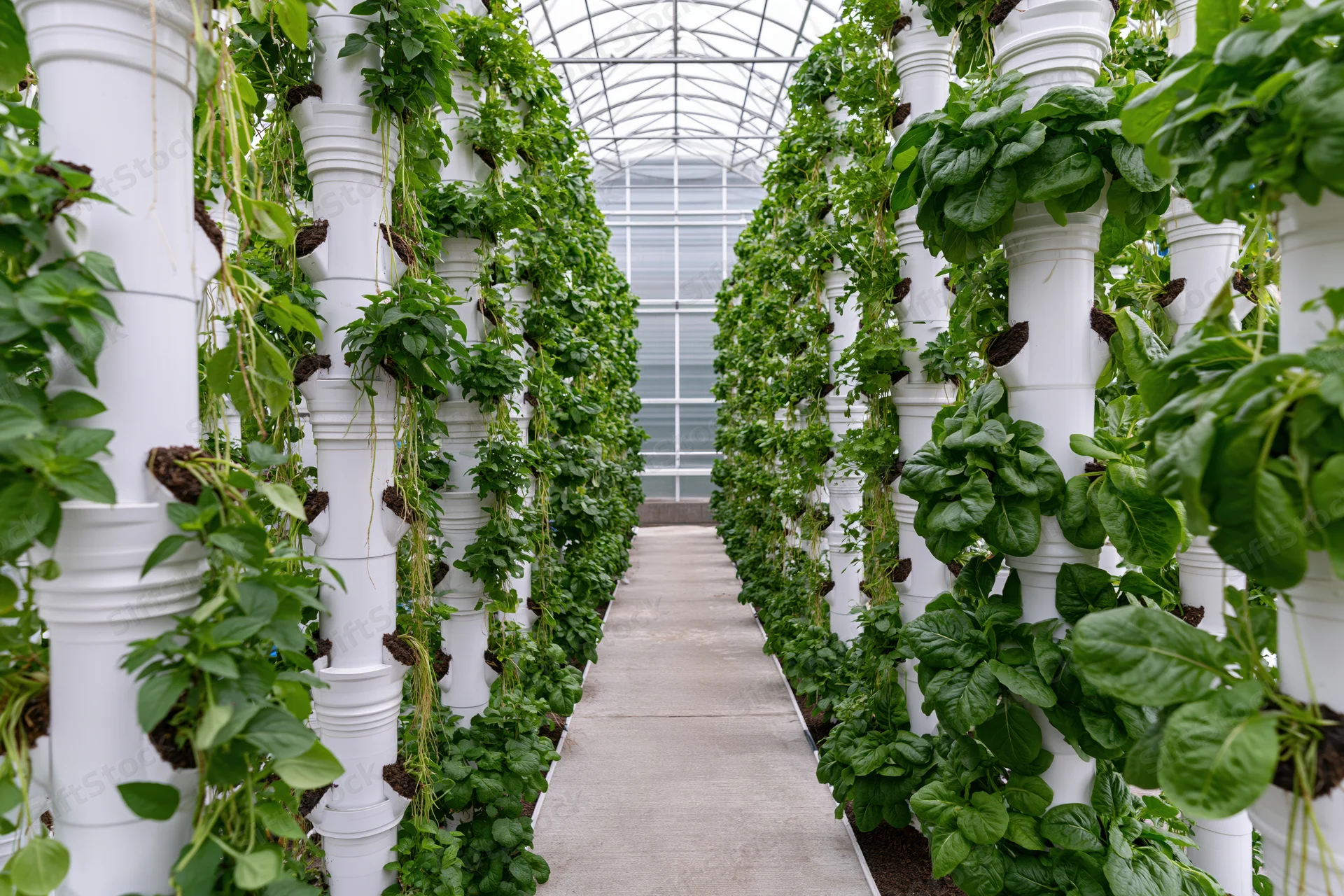 Vertical hydroponic towers growing leafy greens in an indoor greenhouse farm