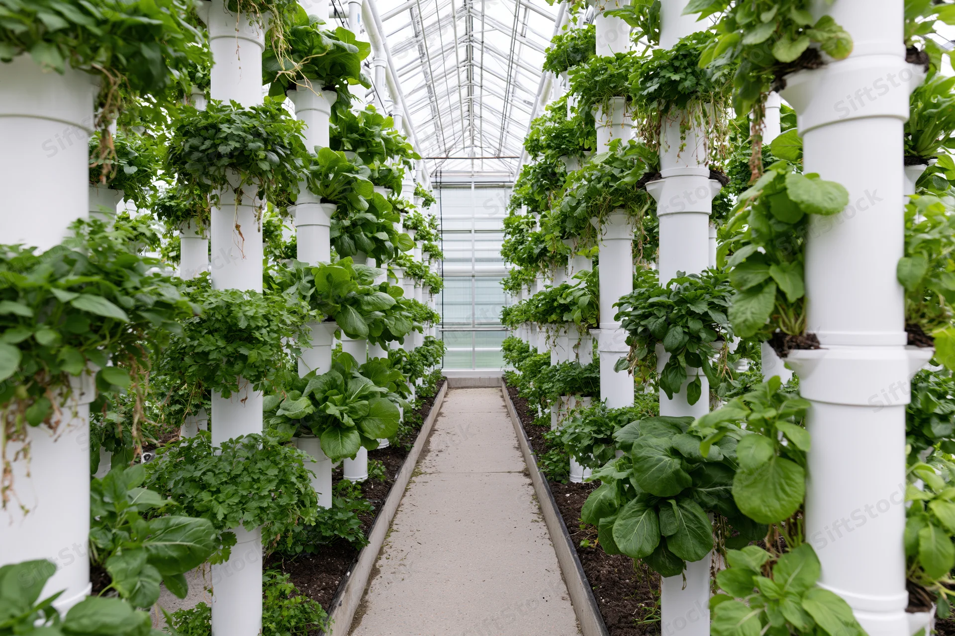 Vertical hydroponic towers growing leafy greens in an indoor greenhouse with rows aligned along a central walkway