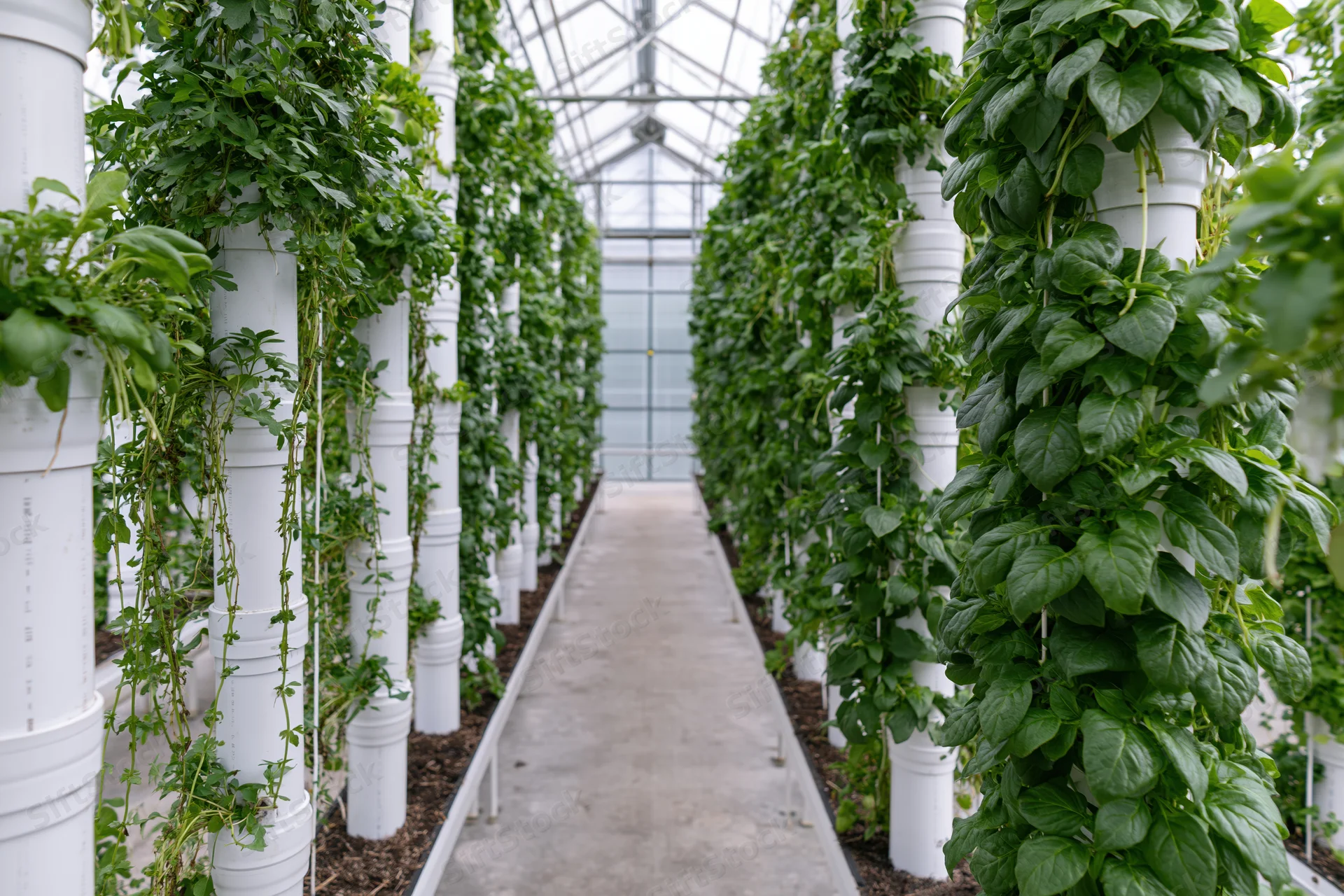 Vertical hydroponic towers with leafy green plants growing indoors in a greenhouse farm
