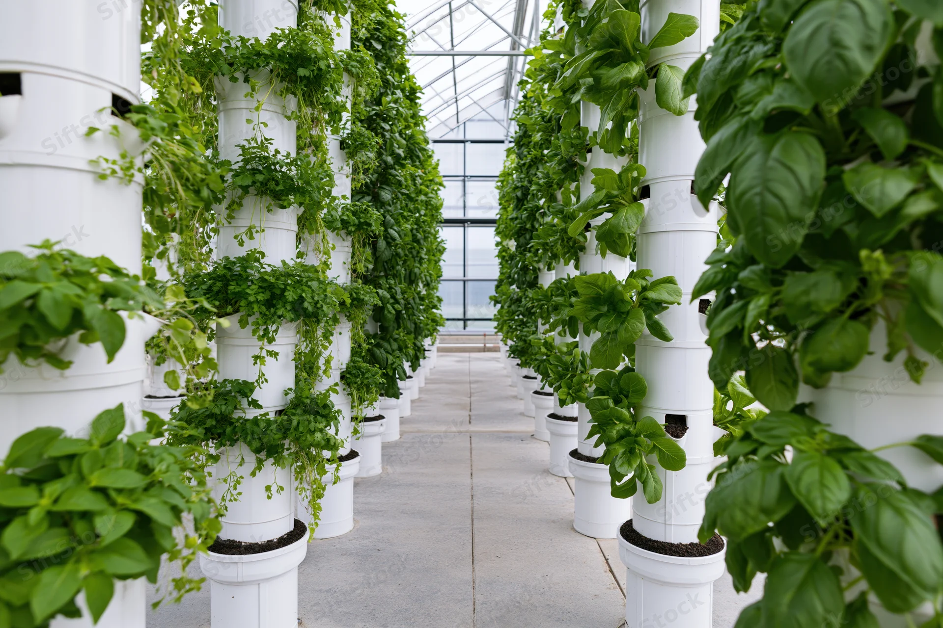 Vertical hydroponic towers with green herbs and leafy plants arranged in rows inside a greenhouse with transparent roof and concrete floor