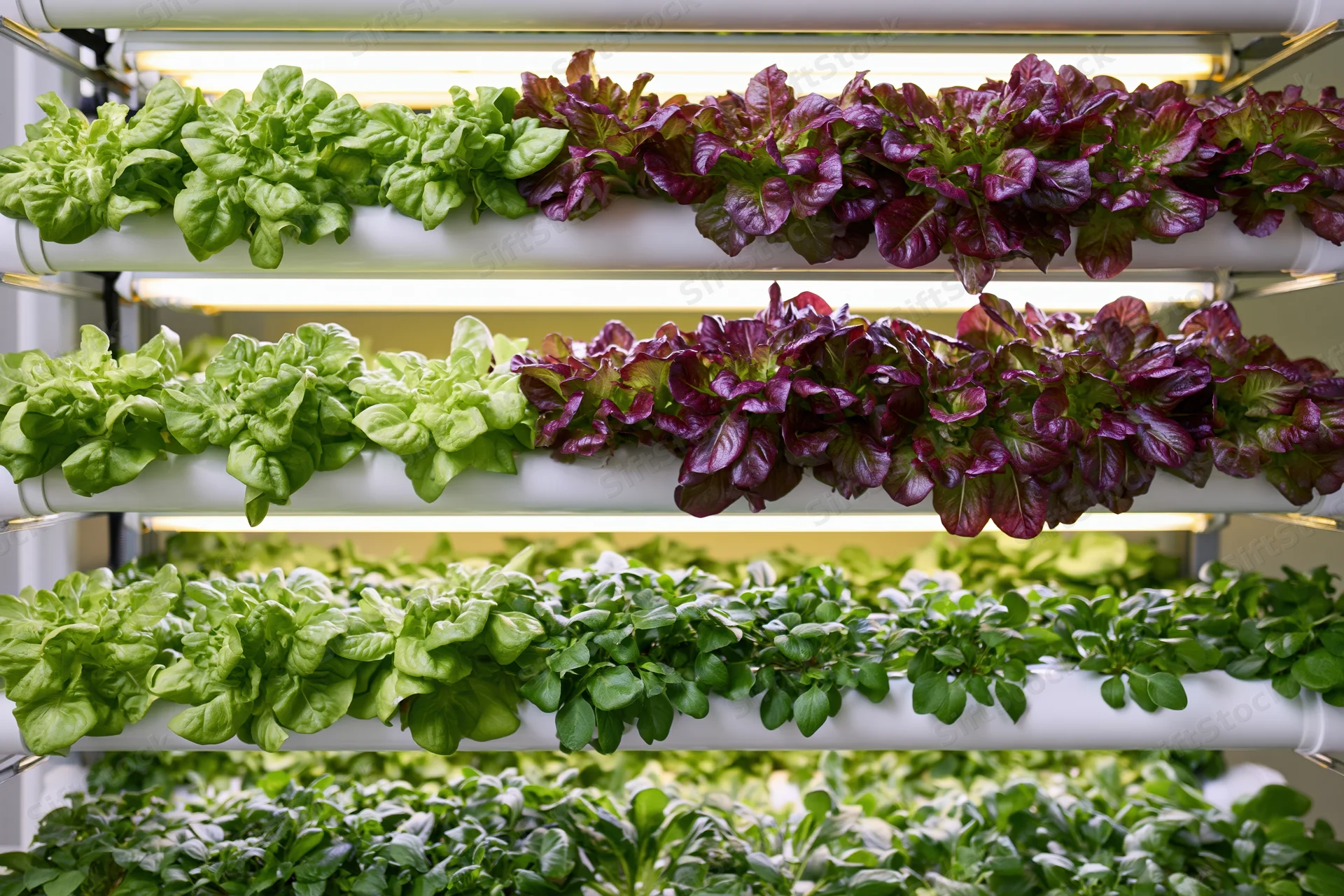 Vertical hydroponic system growing rows of leafy greens under artificial light indoors