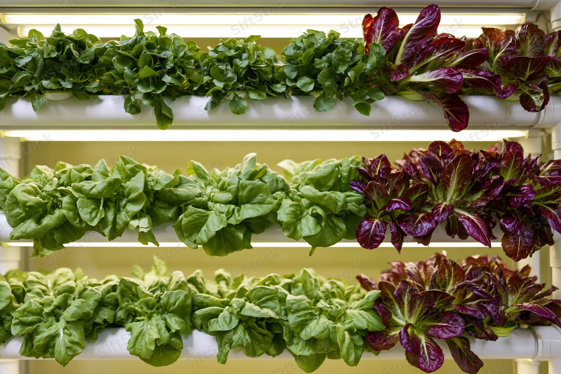 Rows of green and red lettuce growing in stacked white pipes under fluorescent lights indoors