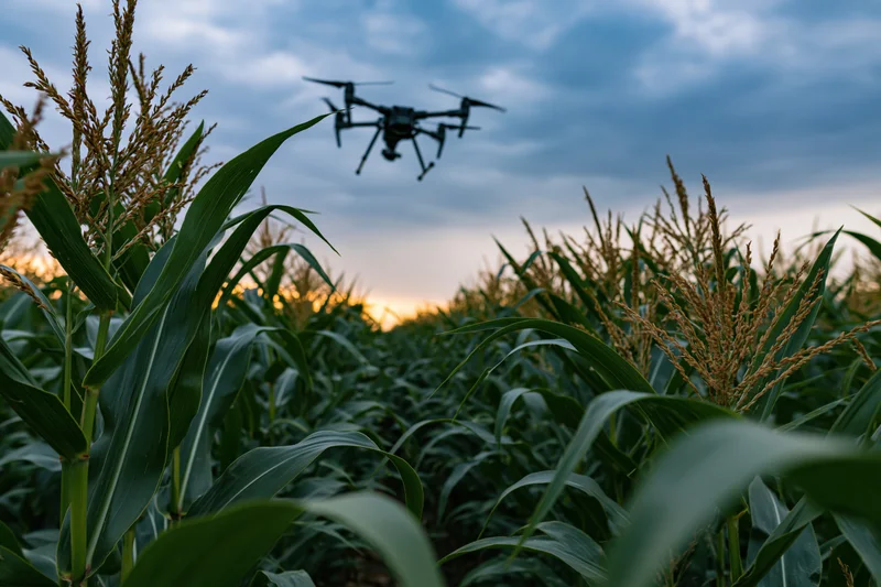 Industrial quadcopter drone hovering low over dense cornfield at twilight
