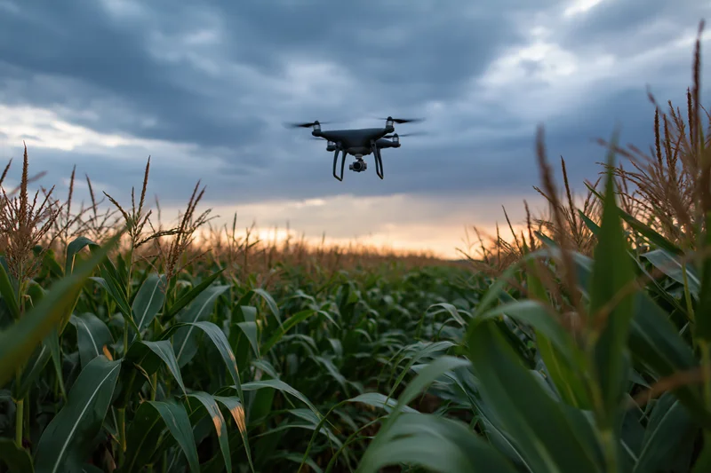 Industrial quadcopter drone hovering low over dense cornfield at sunset