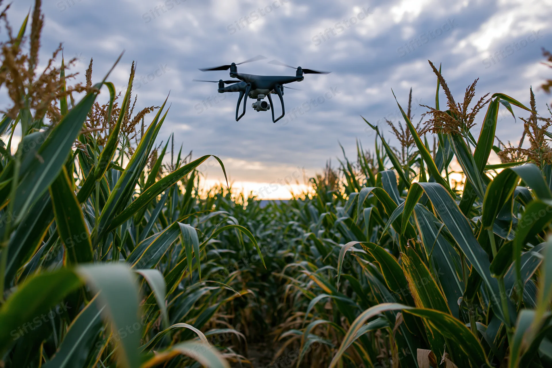 Quadcopter drone hovering low over dense cornfield at sunset