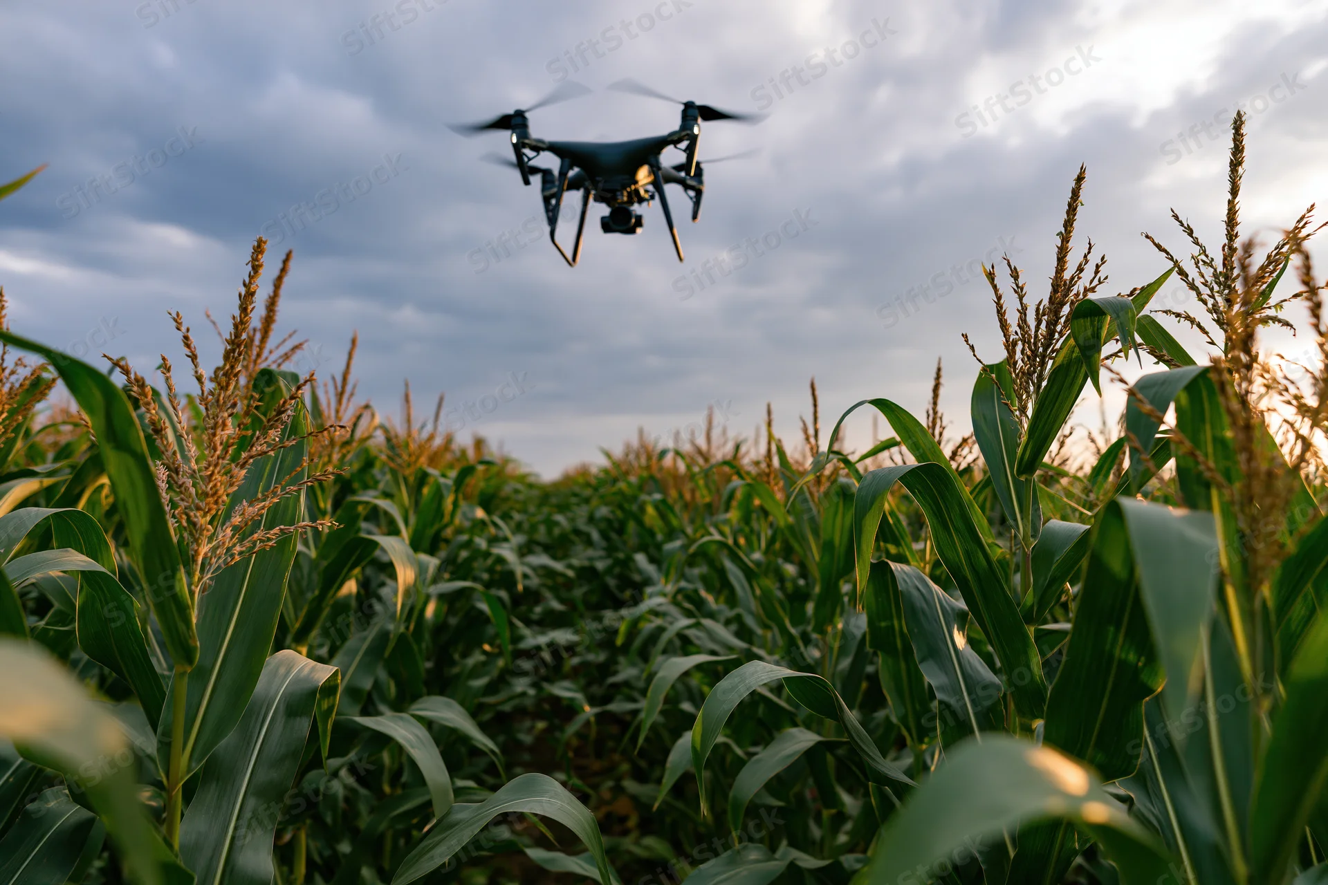 Industrial drone hovering low over dense cornfield at dusk