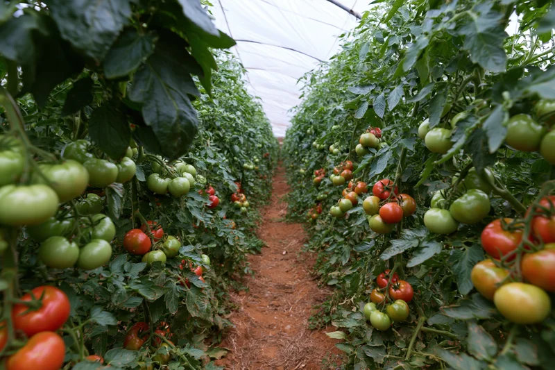 Rows of tomato plants growing in a greenhouse tunnel with ripening fruit along a dirt pathway