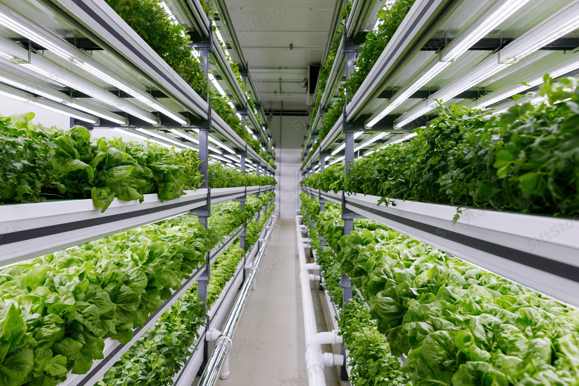 Rows of leafy greens growing in vertical racks under artificial lights inside a controlled indoor farm facility