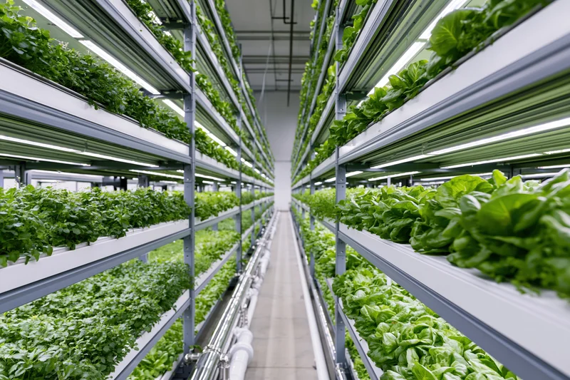 Rows of leafy greens growing on vertical shelves in an indoor farm facility