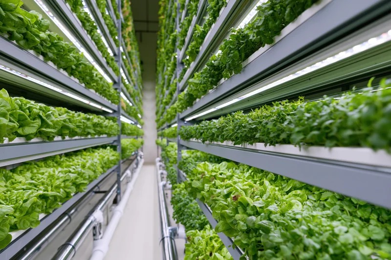 Rows of leafy greens growing on vertical racks in an indoor farm facility under led lighting