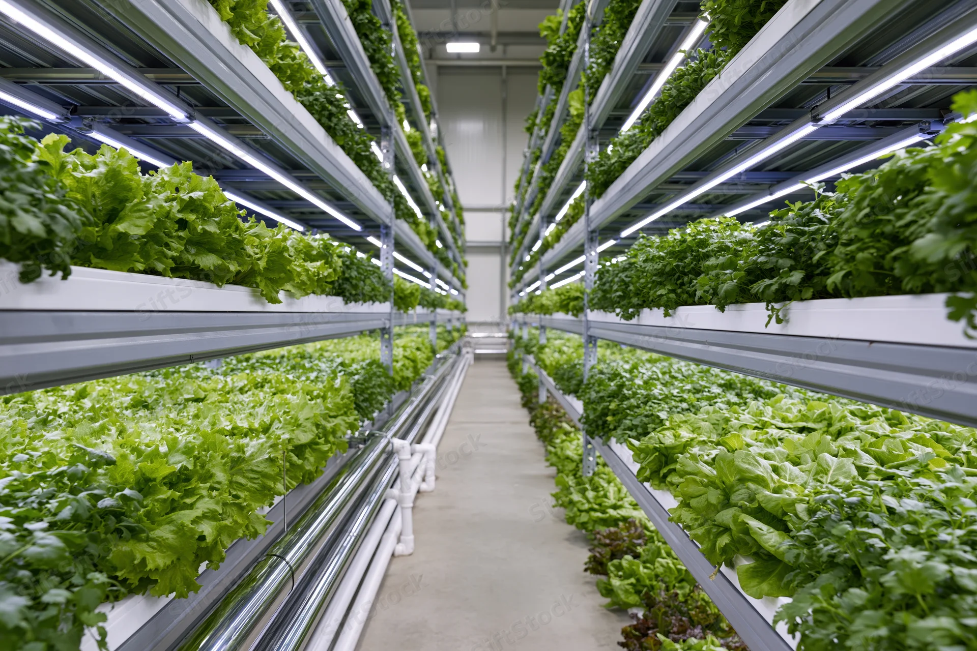 Interior of a vertical indoor farm with leafy greens