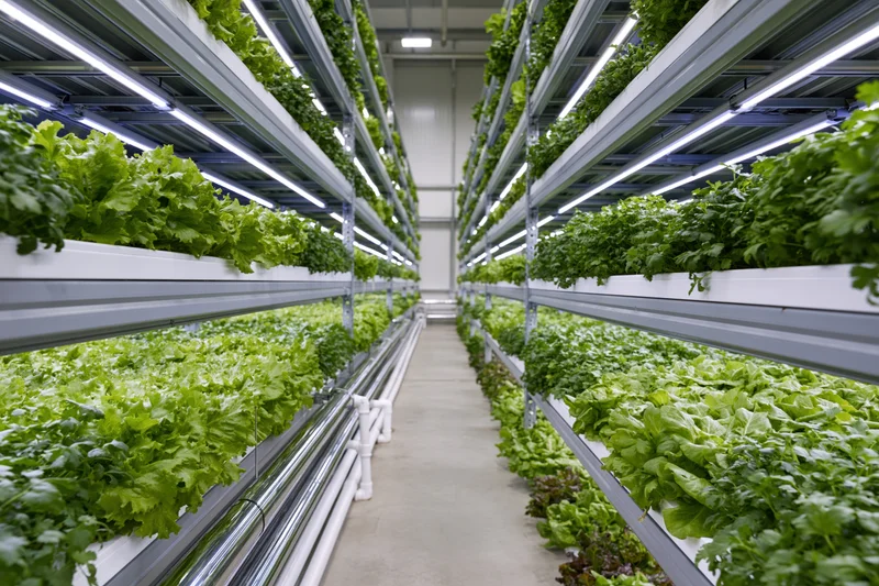 Interior of a vertical indoor farm with leafy greens