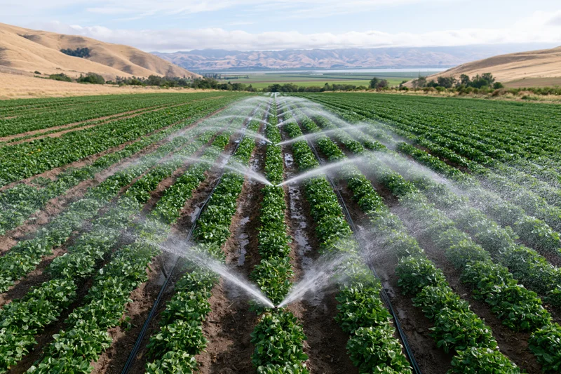 Irrigation sprinklers spraying water across long straight rows of crops in a valley field
