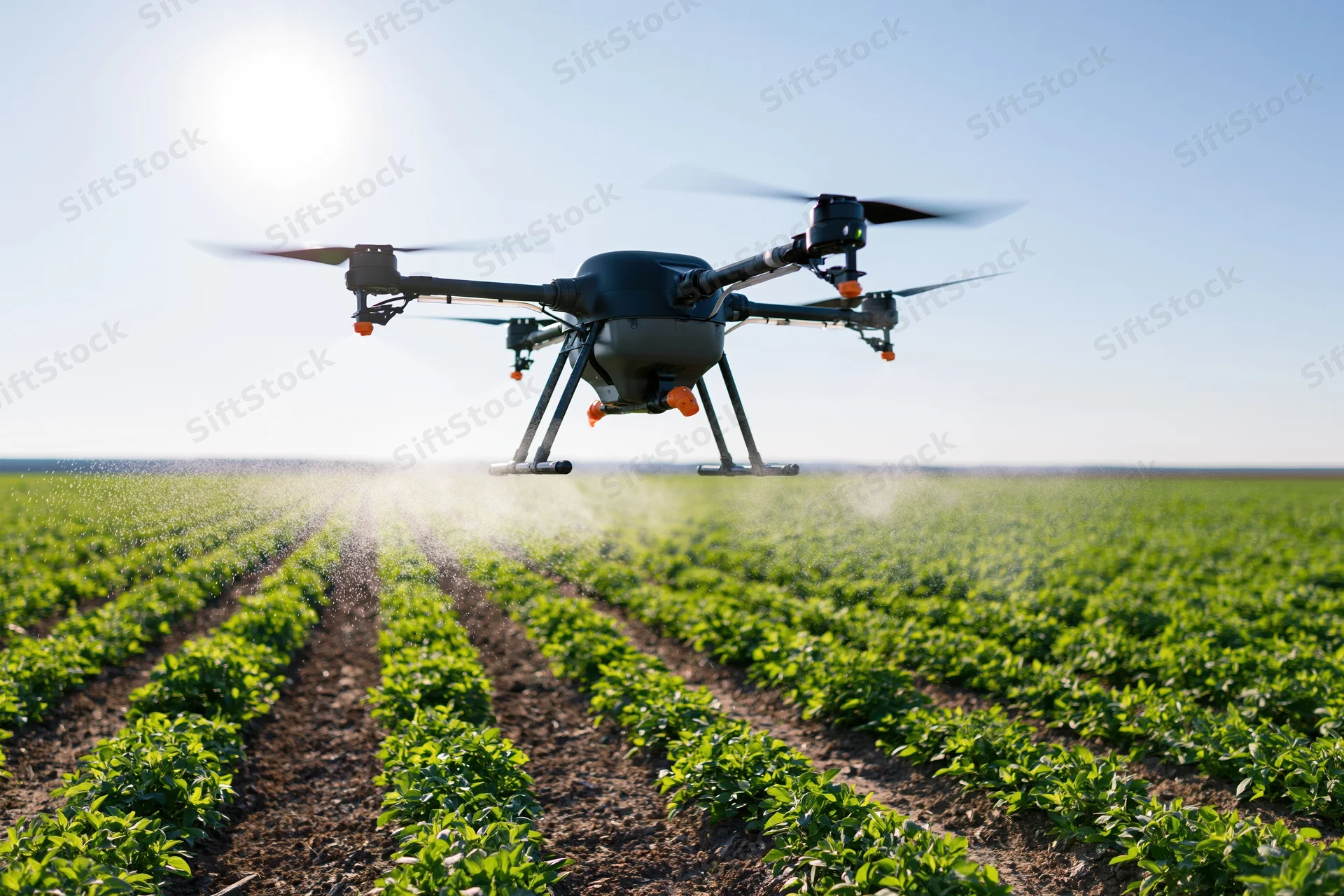Agricultural sprayer drone hovering low over rows of green crops in a field