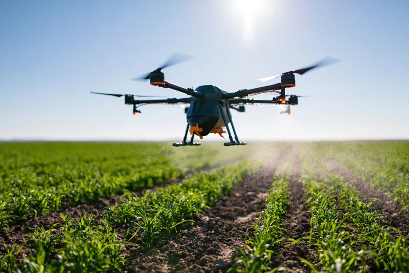 Agricultural sprayer drone hovering low over rows of young crops in a field