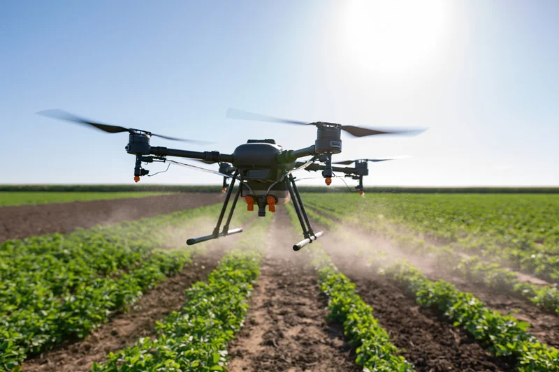 Agricultural sprayer drone hovering low over rows of crops in a field