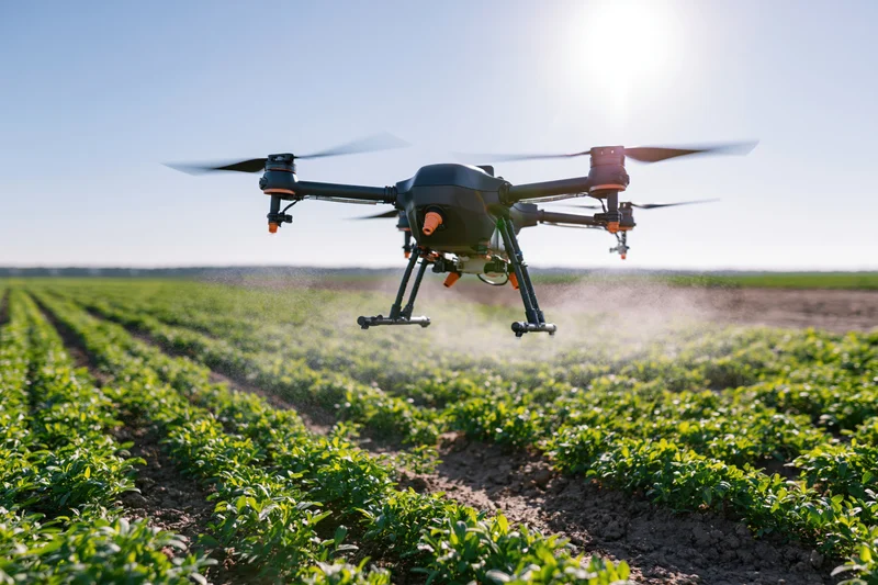 Agricultural sprayer drone hovering low over rows of green crops in a field