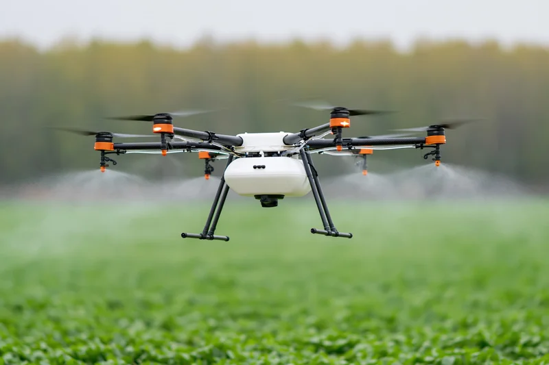 Agricultural sprayer drone hovering low over green crop field spraying mist