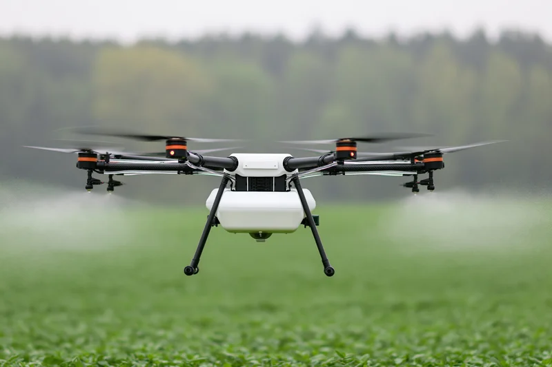 Agricultural sprayer drone hovering low over green crop field