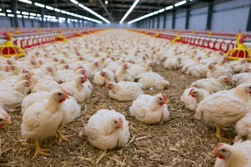 White broiler chickens densely packed in a large indoor commercial poultry barn with automated feeders and straw bedding