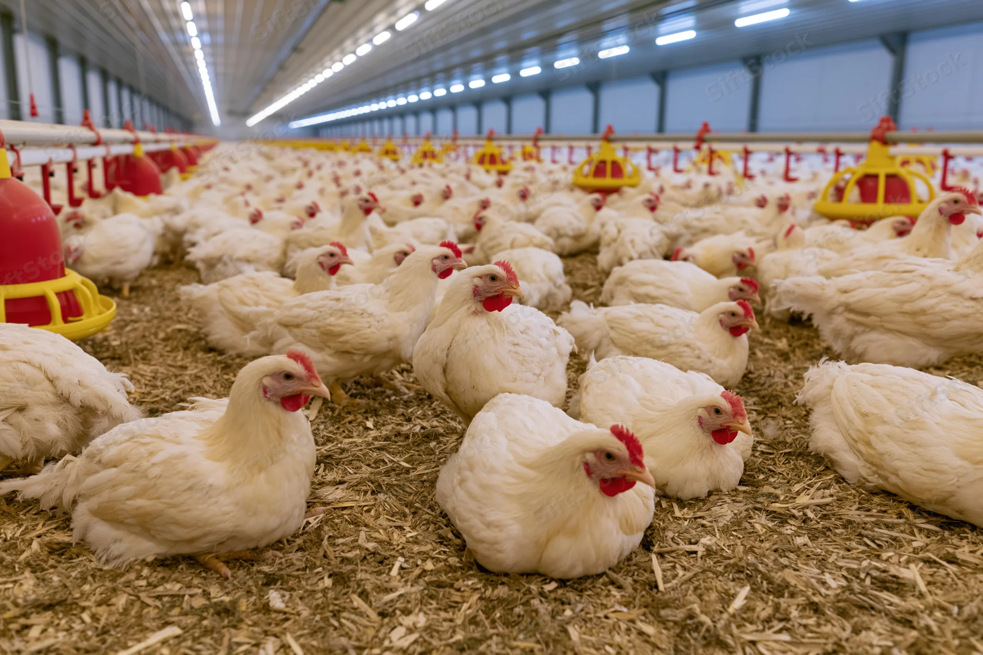 White broiler chickens resting on straw bedding inside a large commercial poultry barn with automated feeders and overhead lighting