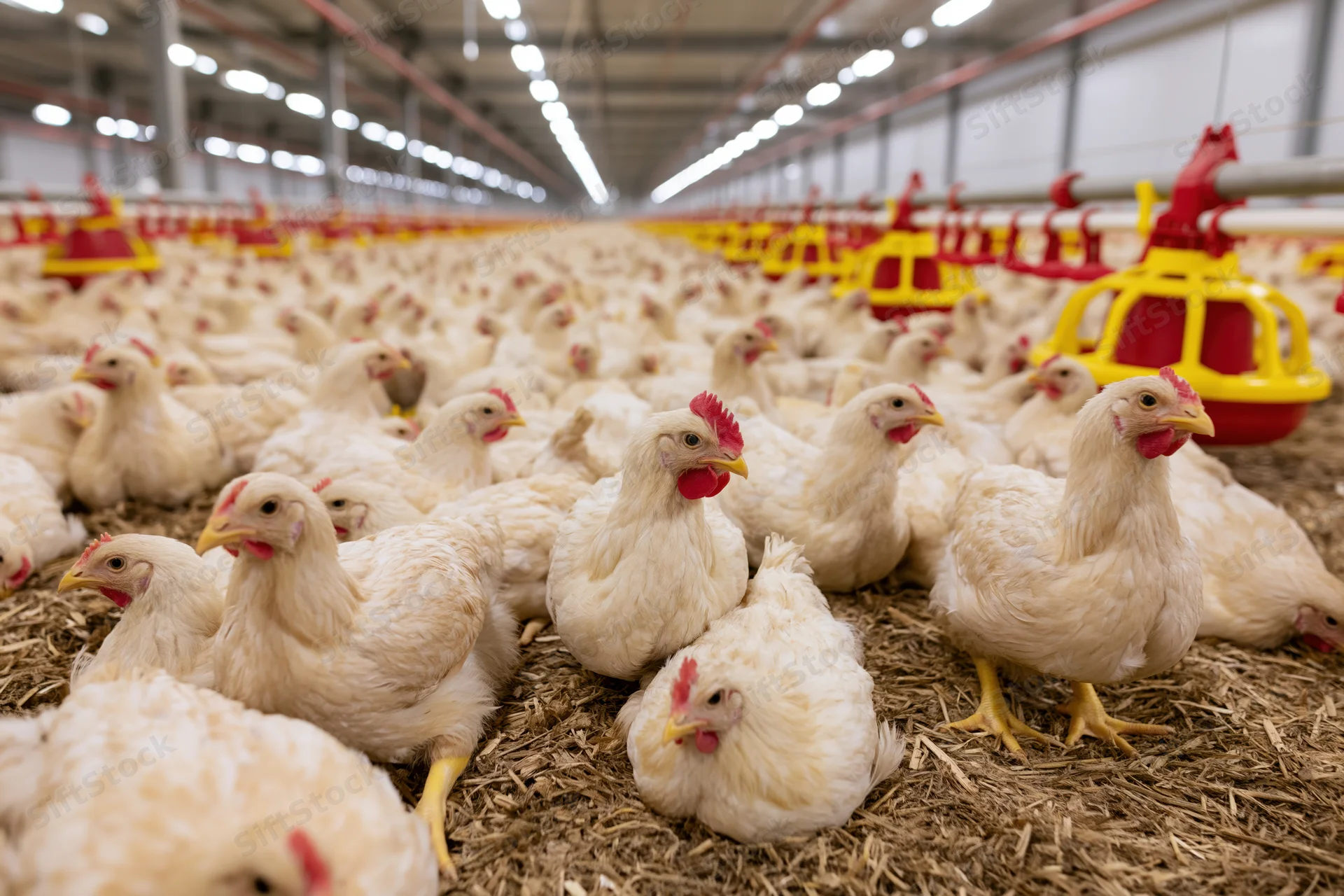 White broiler chickens densely packed in a large indoor farm facility with automated feeders and drinkers