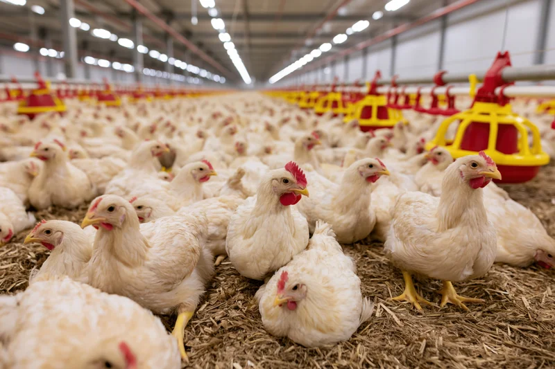 White broiler chickens densely packed in a large indoor farm facility with automated feeders and drinkers