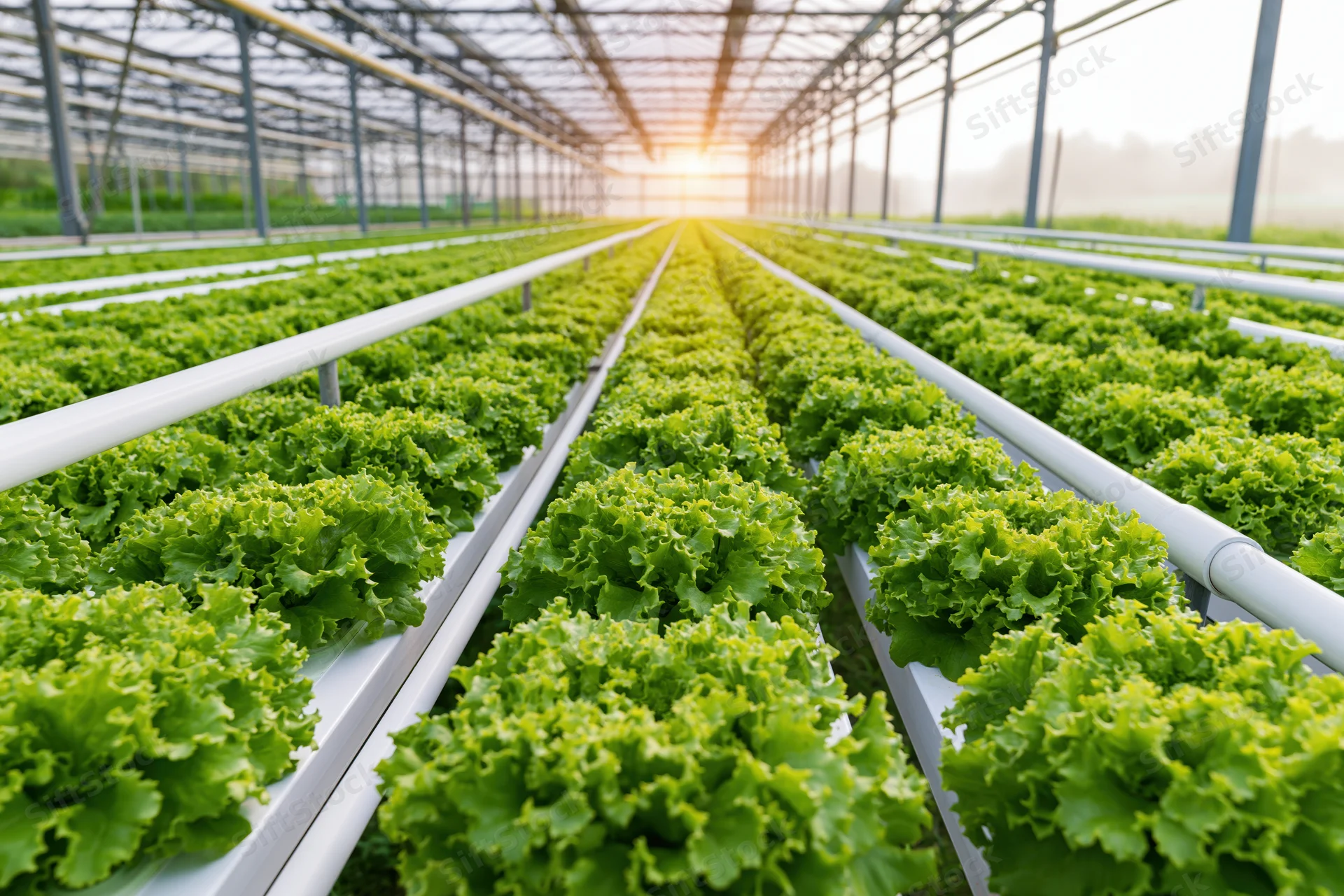 Rows of hydroponic lettuce growing in a commercial greenhouse interior