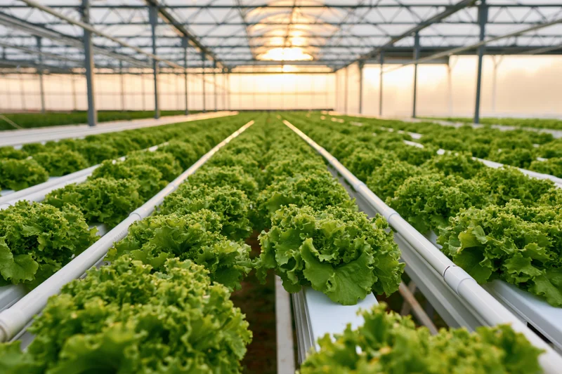 Rows of hydroponic lettuce growing in a commercial greenhouse interior
