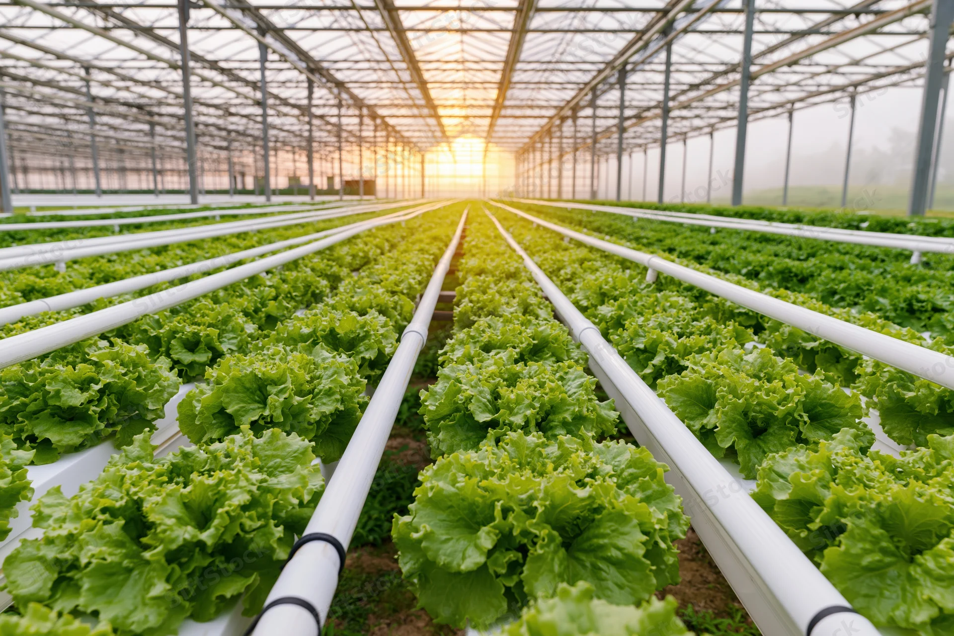 Rows of hydroponic lettuce growing in a commercial greenhouse at dawn