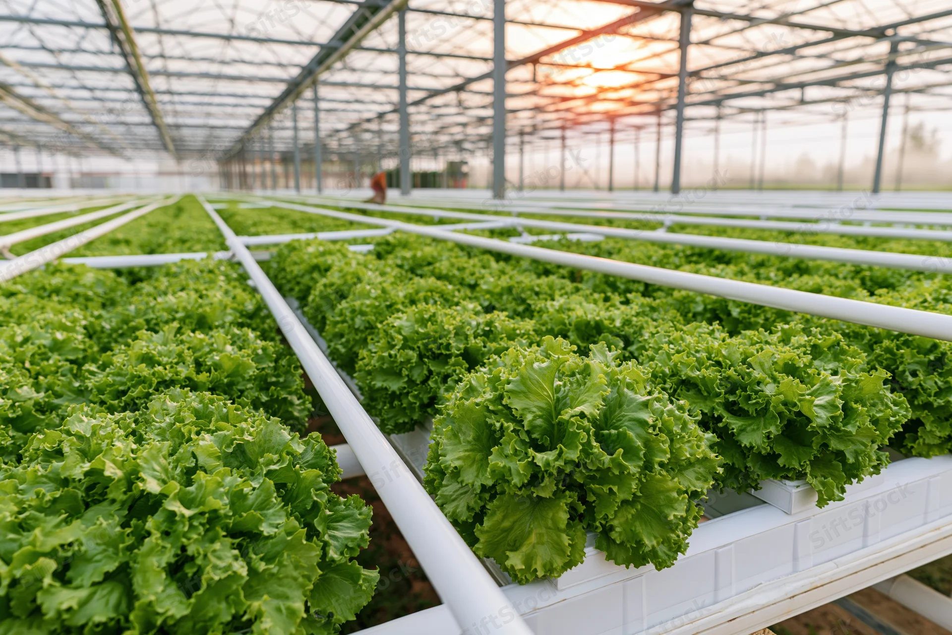 Rows of hydroponically grown lettuce in a large commercial greenhouse at sunrise