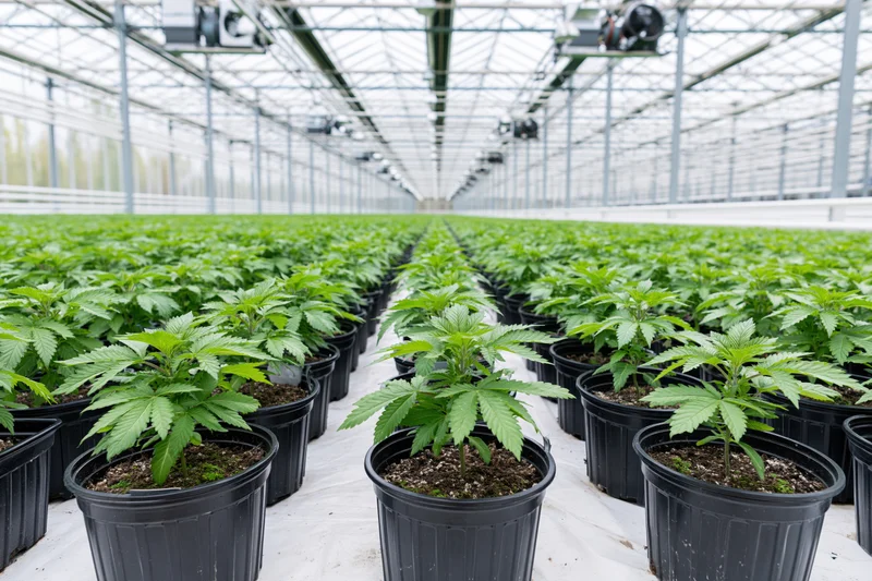 Cannabis plants growing in rows inside a commercial greenhouse