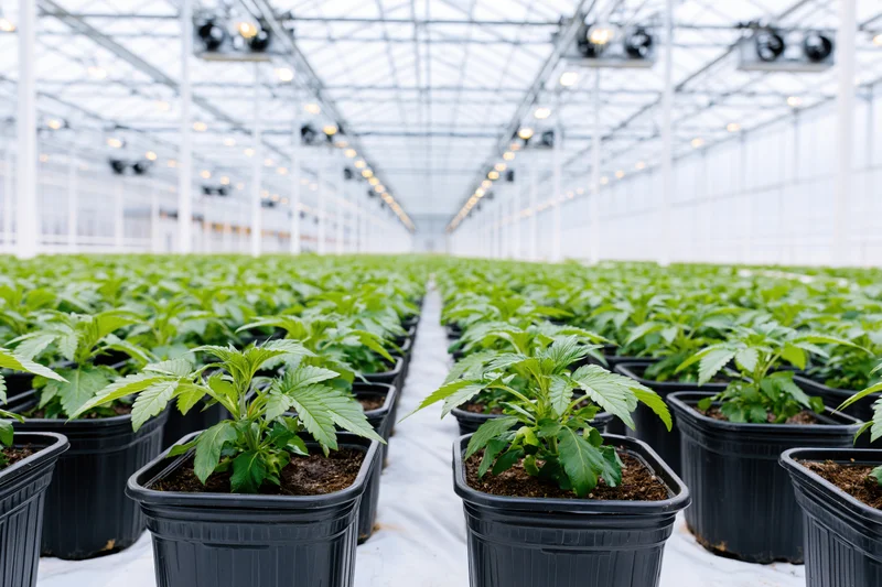 Cannabis plants growing in rows inside a commercial greenhouse
