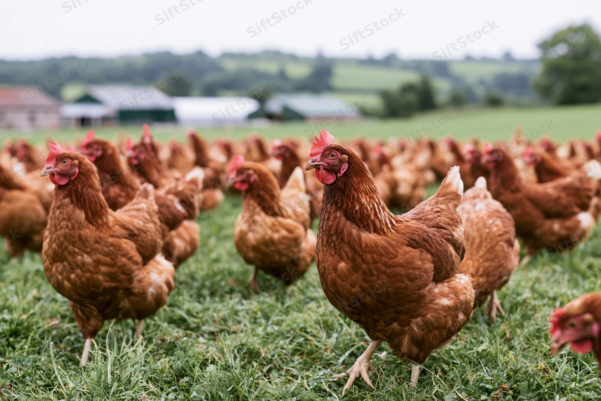 Flock of brown hens roaming and pecking on a grassy pasture near farm buildings