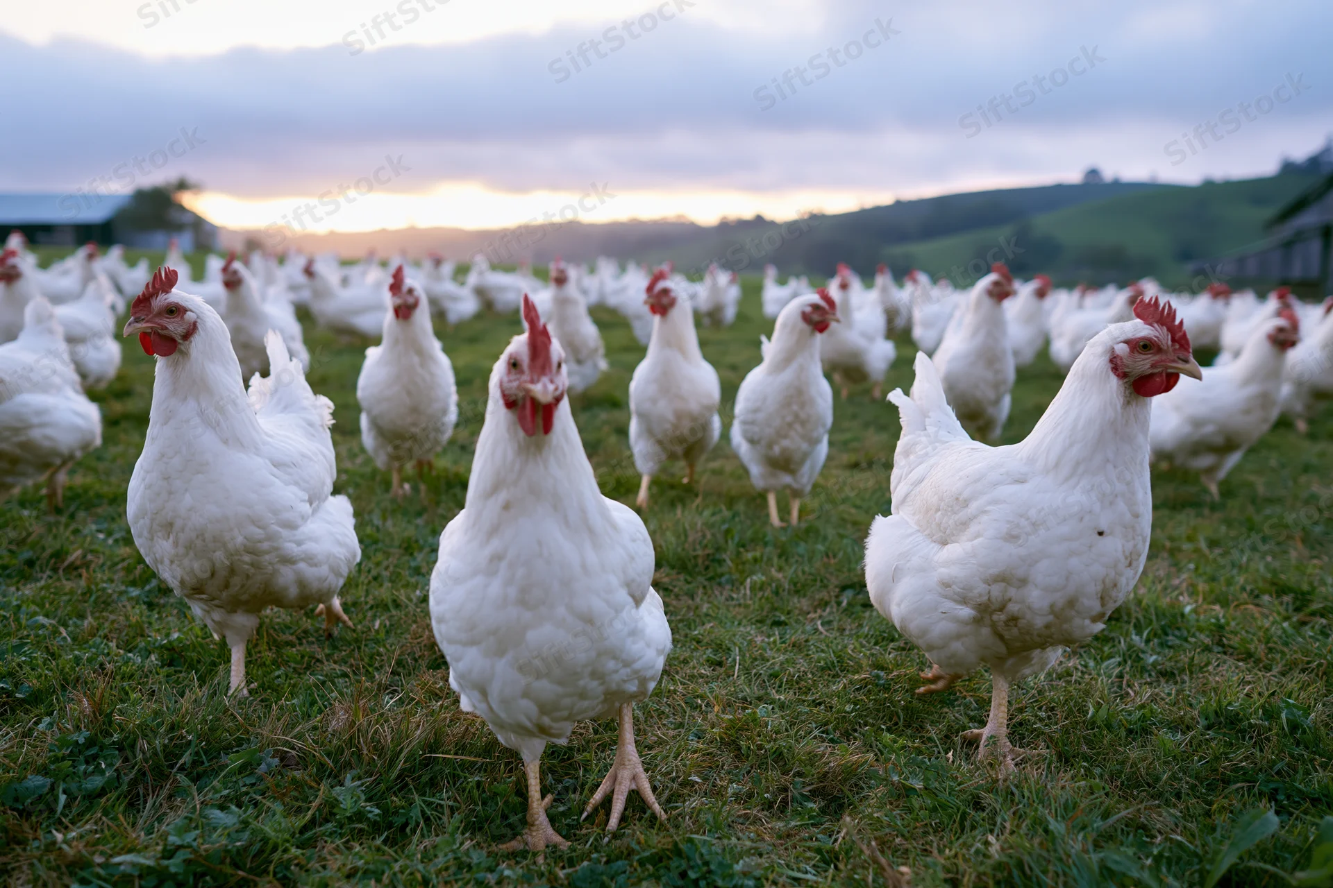White free-range chickens roaming on green pasture at sunset