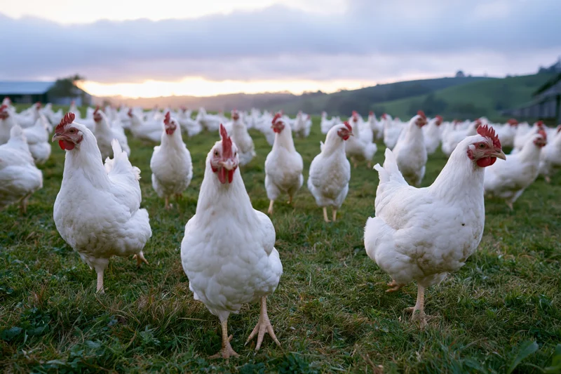 White free-range chickens roaming on green pasture at sunset
