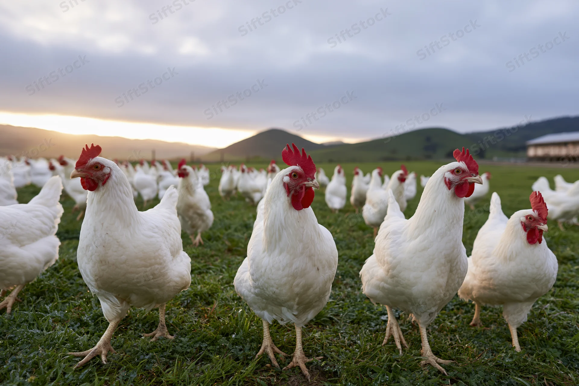 White free-range chickens foraging on green pasture at sunset near mountains