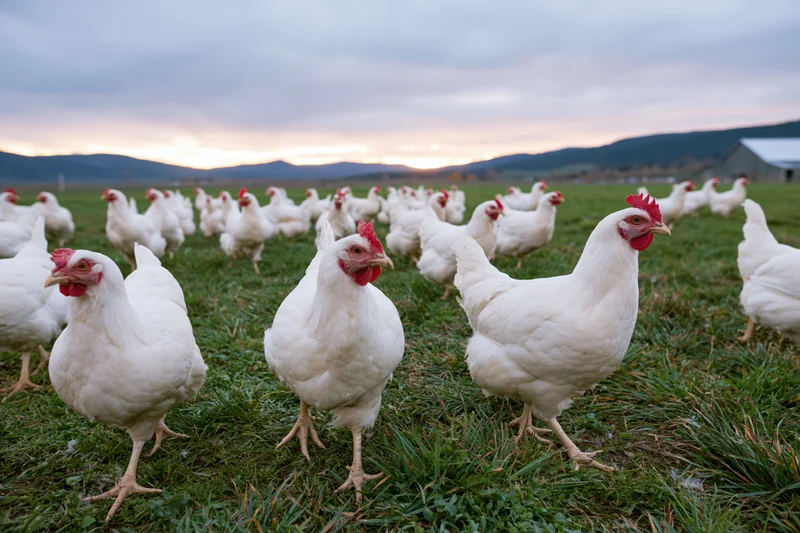 White free-range chickens roaming on green pasture at dusk near farm buildings