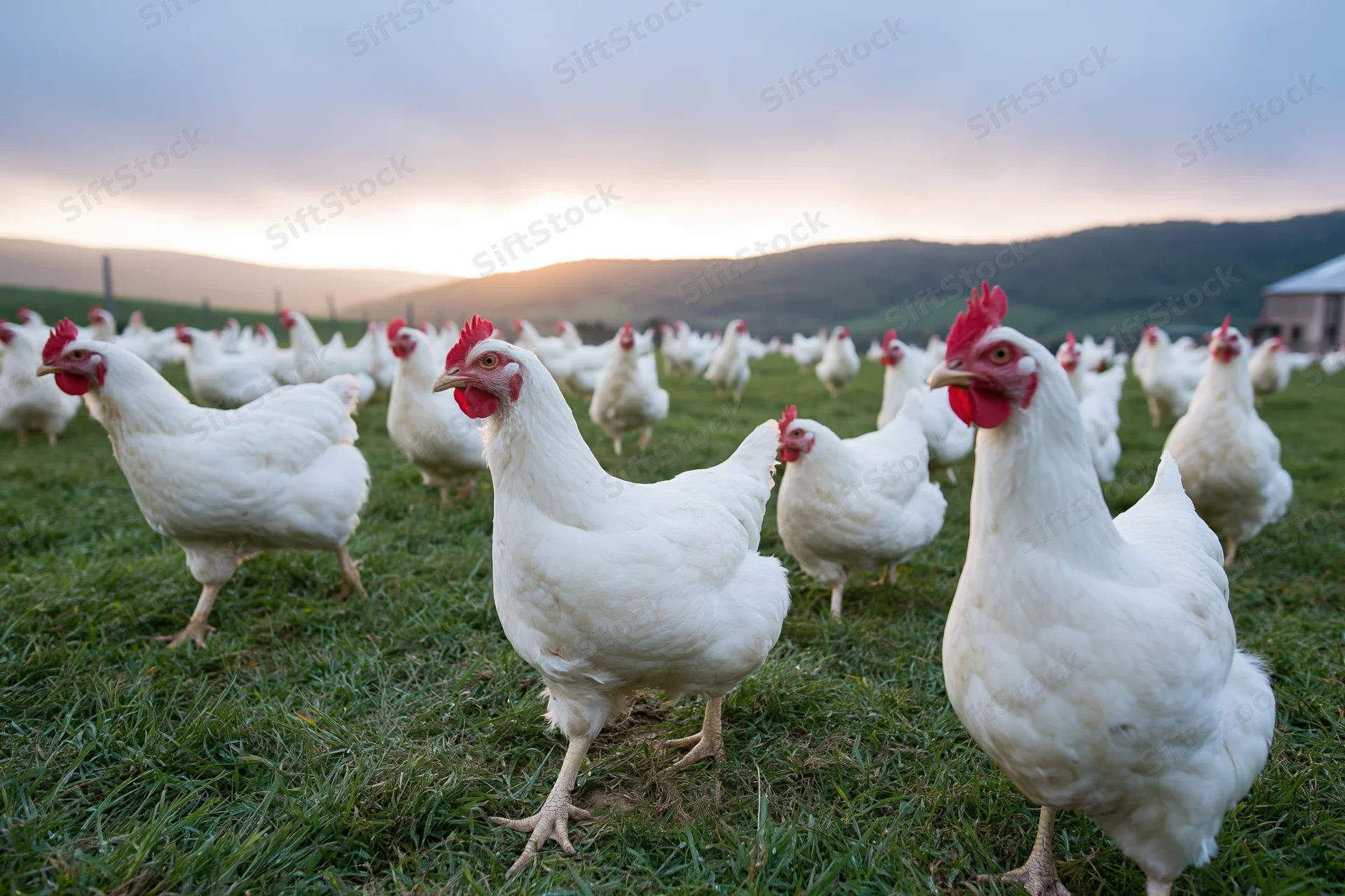 White free-range chickens grazing on green pasture at sunset