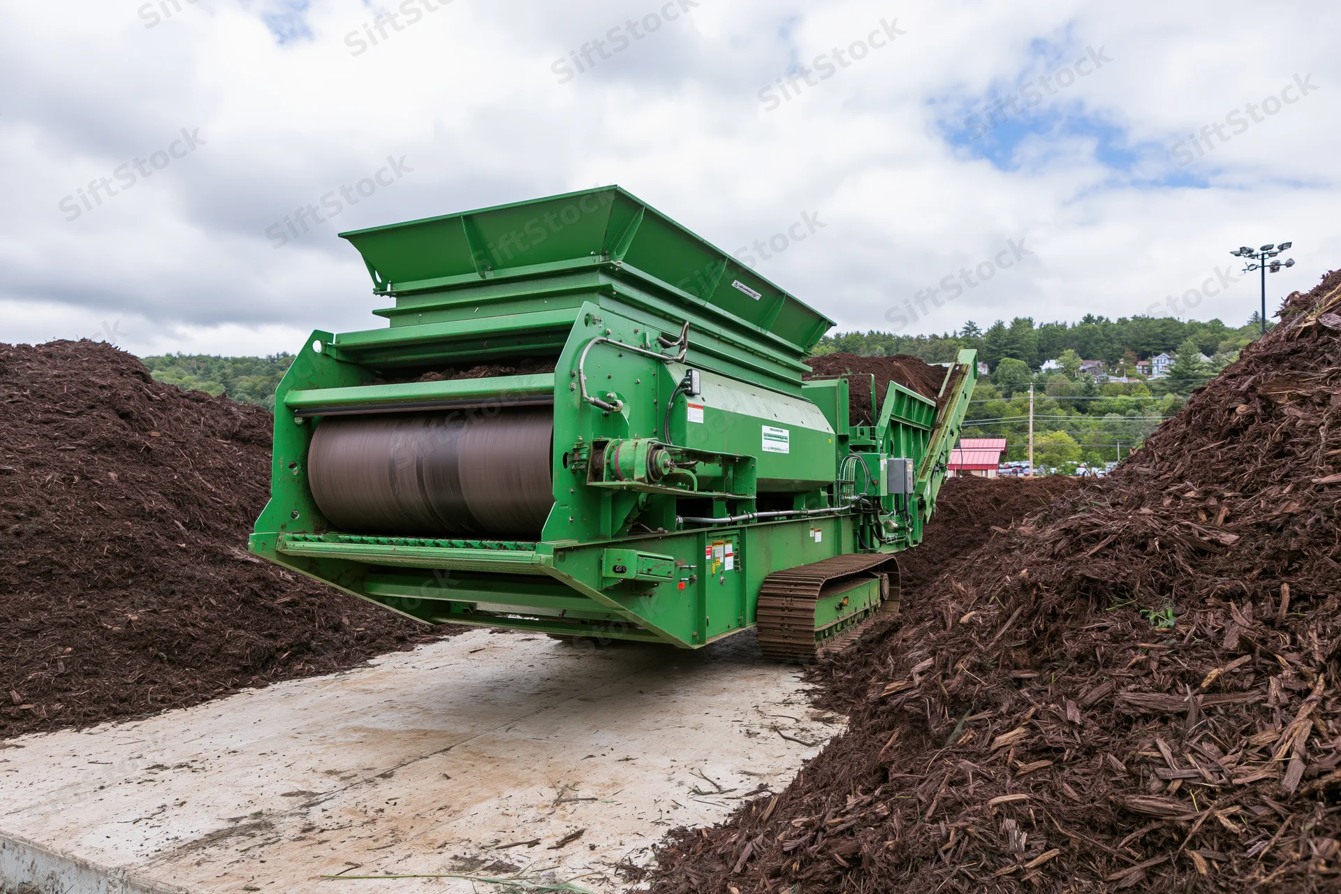 Green industrial compost screening machine processing mulch outdoors between piles