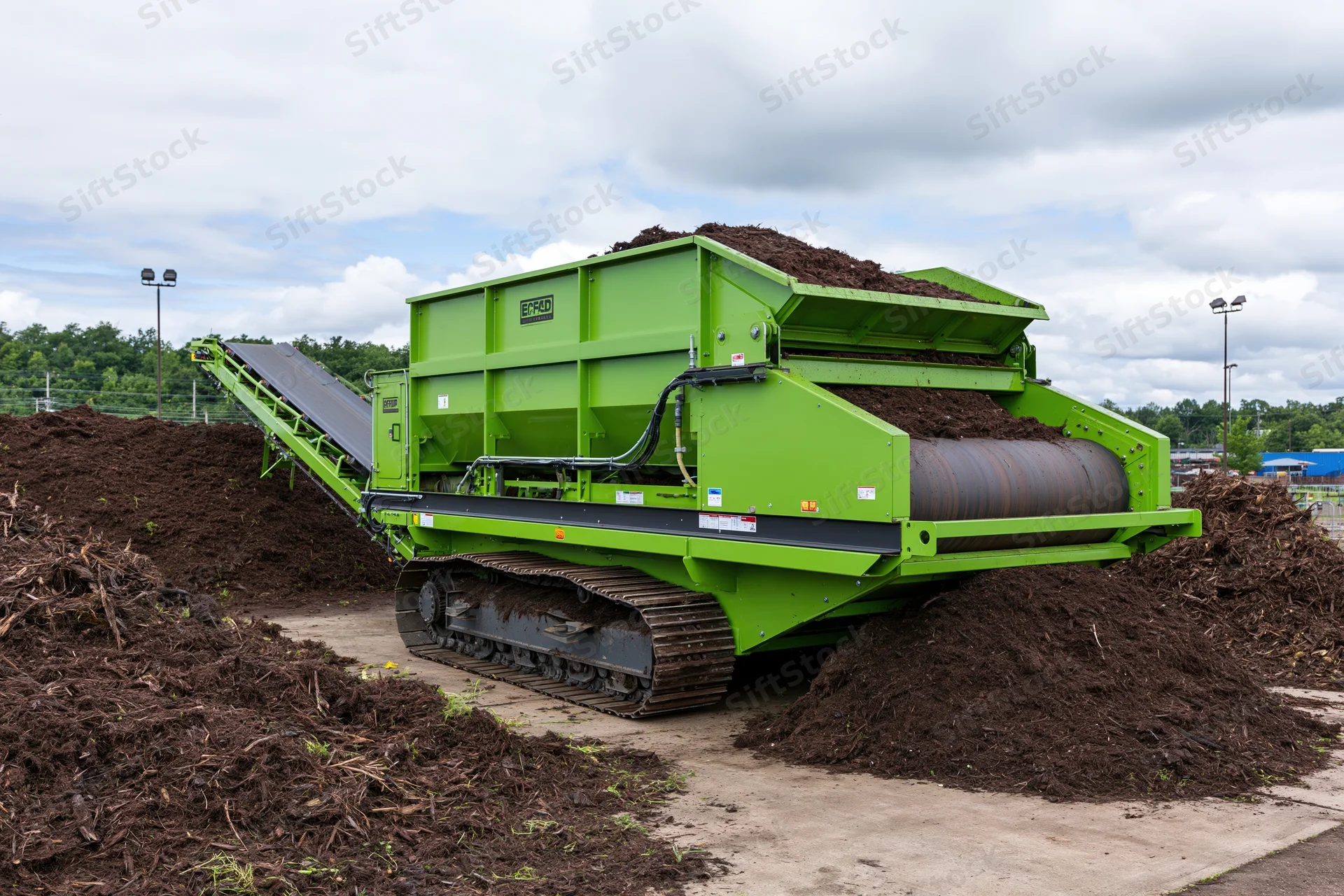 Green industrial compost screening machine processing organic material on outdoor site